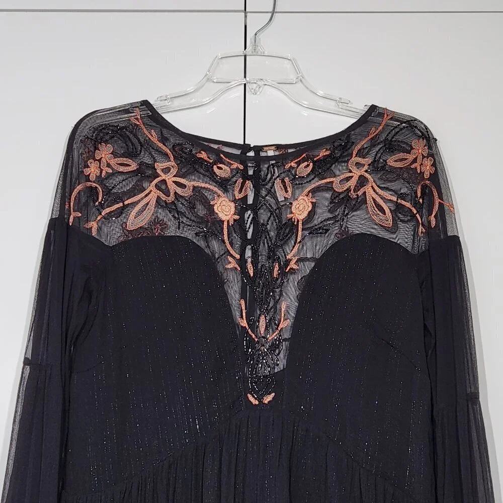 Free People Beaded Panama City Mini Dress Women's Size S Black